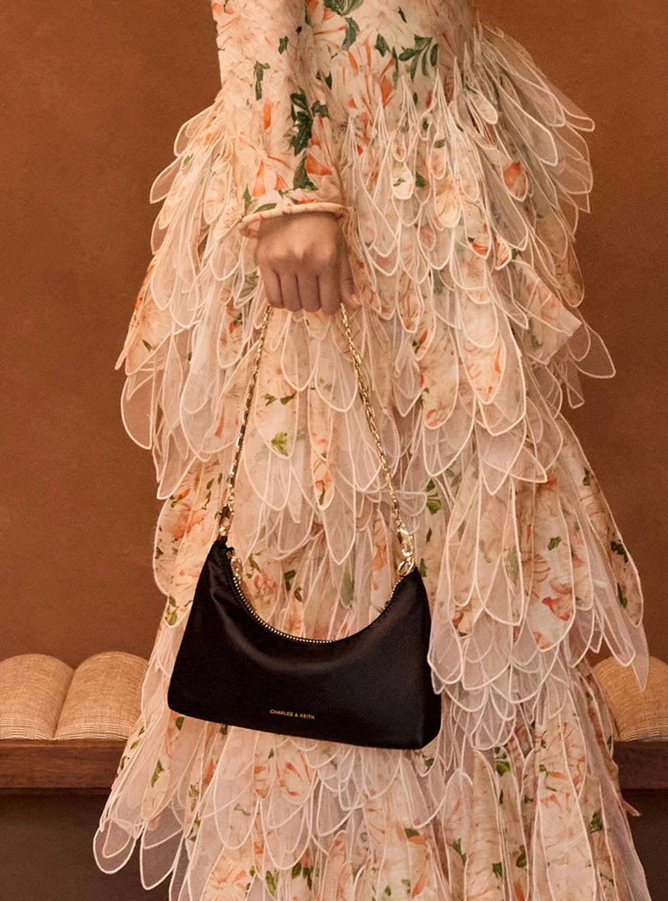 Metallic Crystal-Embellished Chain-Handle Two-Way Bag