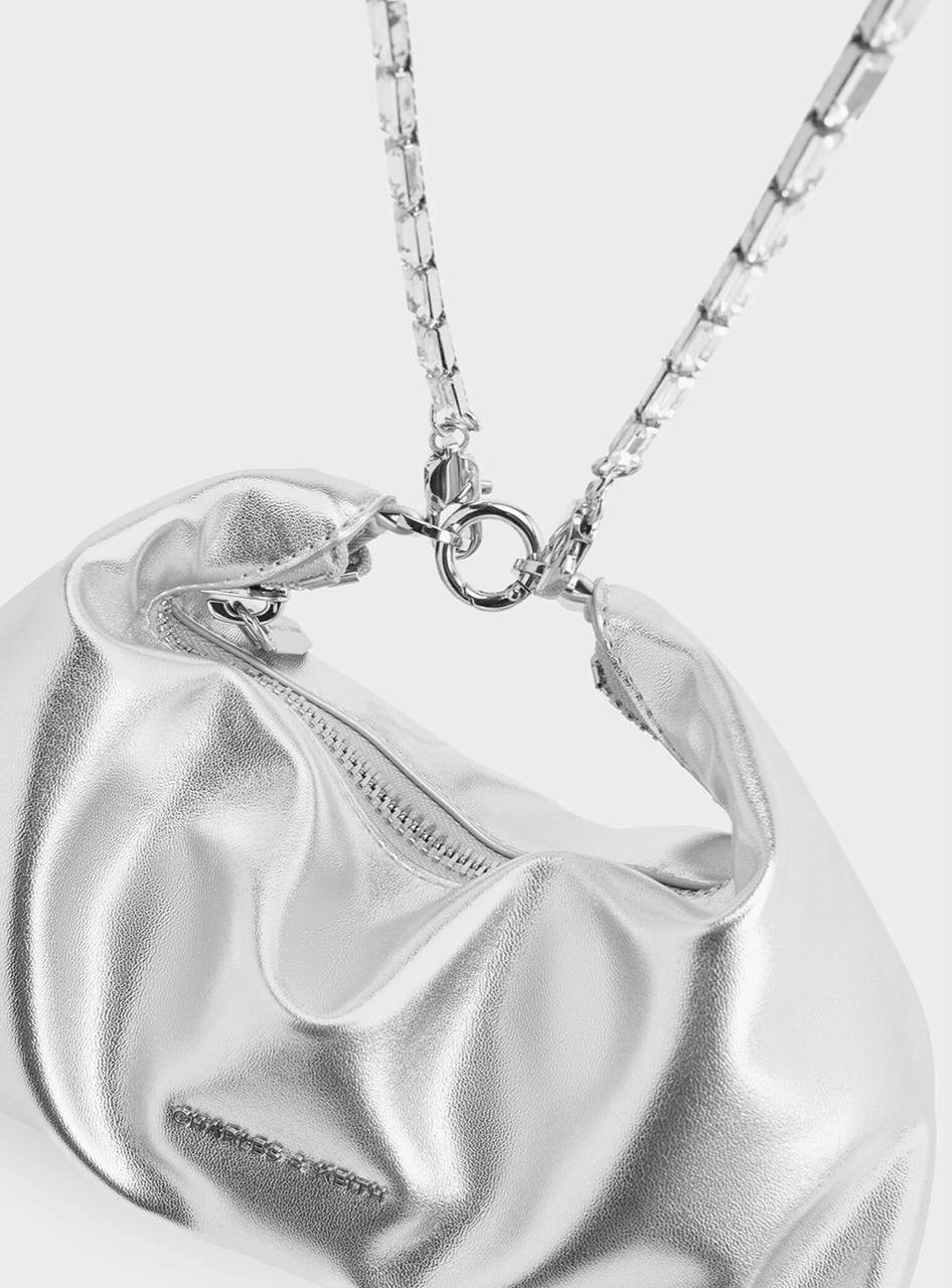 Metallic Crystal-Embellished Chain-Handle Two-Way Bag