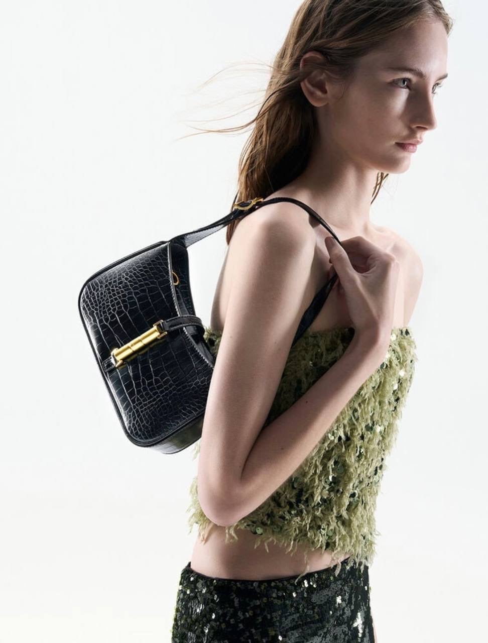 Cesia Croc-Effect Metallic-Accent Shoulder