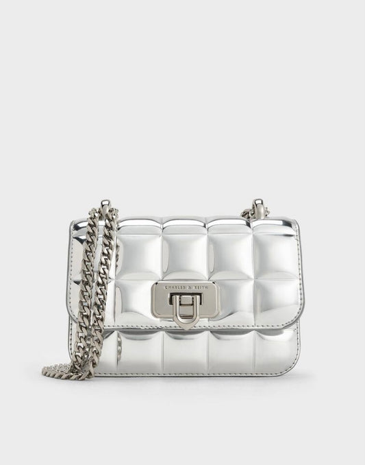 Metallic Square-Quilted Chain-Handle Bag