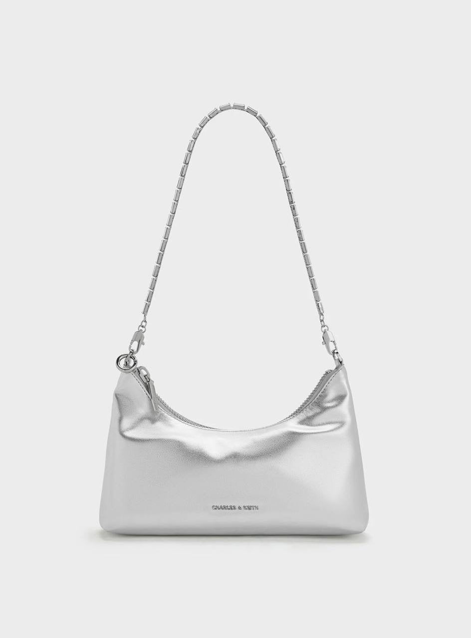 Metallic Crystal-Embellished Chain-Handle Two-Way Bag