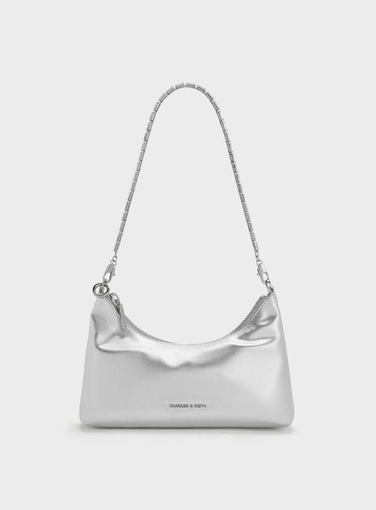 Metallic Crystal-Embellished Chain-Handle Two-Way Bag