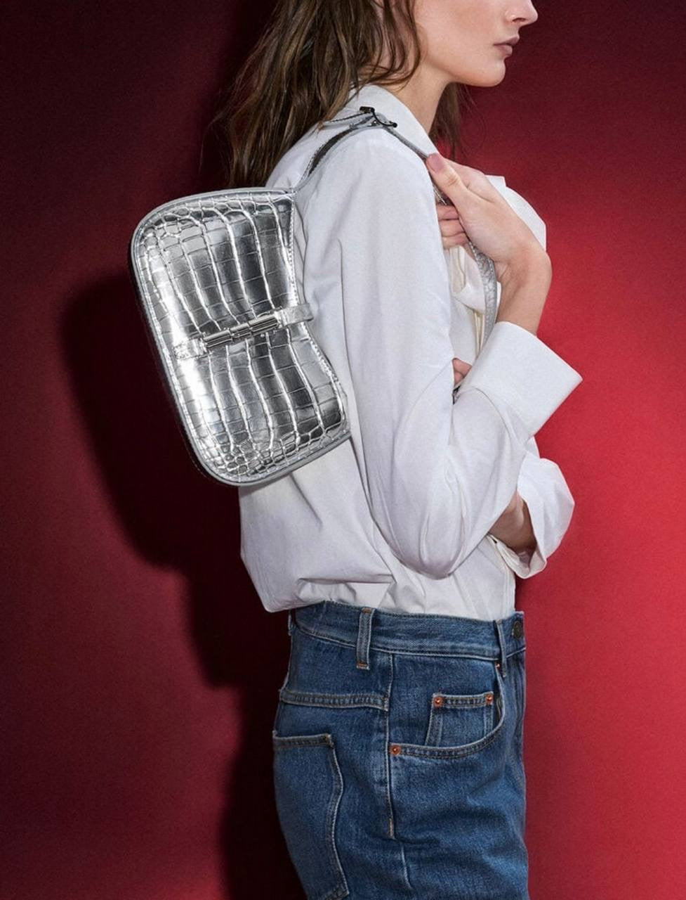 Cesia Croc-Effect Metallic-Accent Shoulder